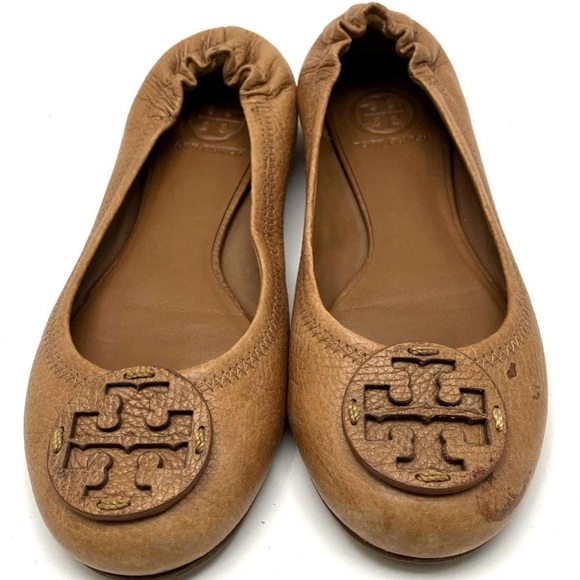 Tory Burch Shoes - Tory Burch Tan Leather Logo Ballet Flats